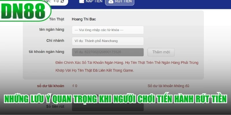 Những lưu ý quan trọng khi người chơi tiến hành rút tiền DN88